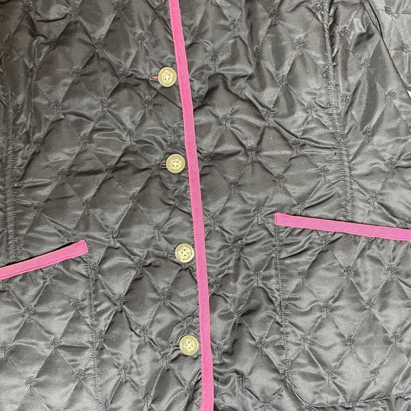 Lilly Pulitzer Jacket Womens Large Black Quilted Pink Trim Button Front Preppy - Picture 7 of 14